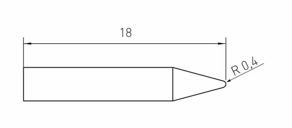 The image displays a technical drawing of an object with a length of 18 units. At the end, the shape tapers to a point with a curvature of 0.4.