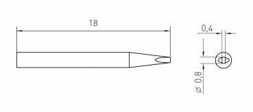 The image displays a technical drawing of a pen. It is 18 mm long with a pointed, slim front end. On the right, dimensions for diameters of 0.4 mm and 0.8 mm are indicated.