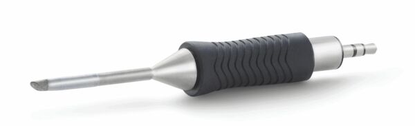 The image shows a tool with a sharp, silver metal tip. The handle is black, rubberized, and has grooves for better grip. It lies horizontally on a white background.