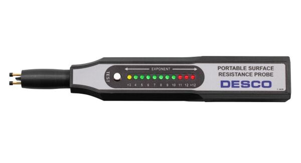 The image shows a portable device for measuring surface resistance. It has an elongated shape with a display that includes green and red LEDs to indicate the resistance.