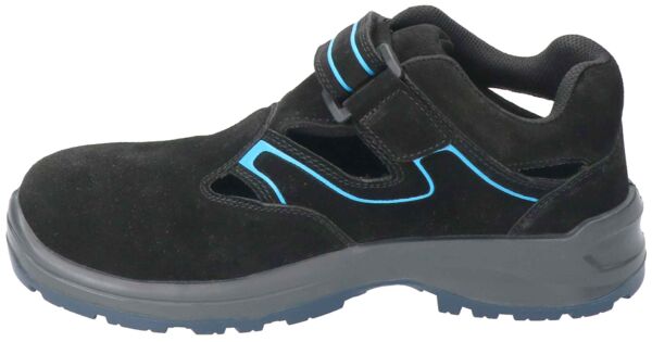 The image shows a black suede shoe with blue accents. It features an open design and a Velcro closure for easy access. The sole is sturdy and slip-resistant.