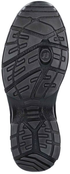 The image shows the sole of a shoe. It is black and features a textured tread with vertical and horizontal grooves designed to provide good traction.