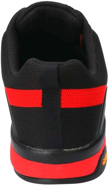 The image shows a sports shoe from the back. The shoe is primarily black with red stripes. The sole is sturdy and has a shallow tread. The material appears breathable and durable.