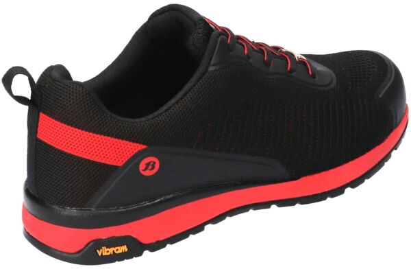 The shoe is low-cut, primarily black with red accents. It features a breathable upper, a non-slip sole, and eye-catching laces. Ideal for activities.