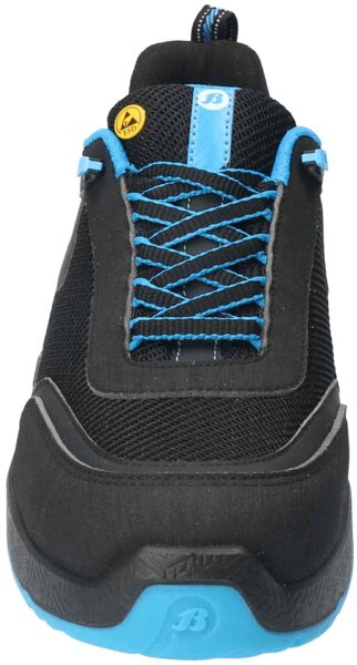 The image shows a black sports shoe with blue shoelaces. The upper part of the shoe is made from a breathable material, and the sole has a textured tread.