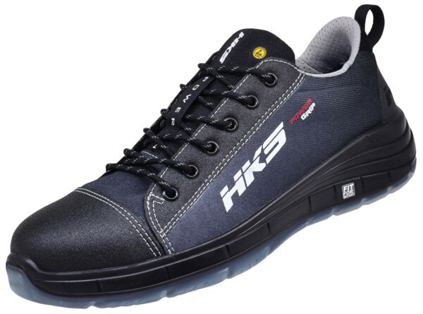 The shoe is a sporty, blue sneaker with a black front. It has a low lacing, a flexible sole, and bears the 