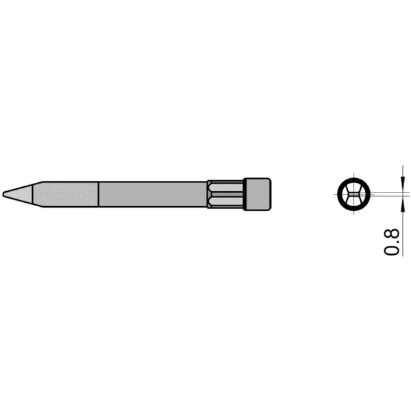 Das Bild zeigt einen Bleistift in Seitenansicht mit einer spitzen Mine und einem quadratischen Radiergummi. Nebenan ist ein Ausschnitt der Mine zu sehen, mit einem Durchmesser von 0,8 mm.