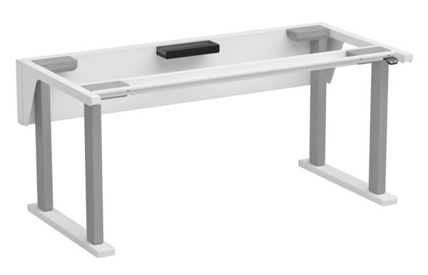 It is a rectangular desk with a bright, smooth surface. Two gray legs support the structure stably. On the tabletop, there are two mounts and a black control unit attached.