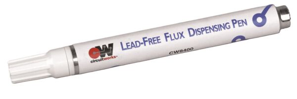 Das Bild zeigt einen weißen Stift mit einer breiten Spitze. Auf dem Stift steht ?Lead-Free Flux Dispensing Pen? und er hat einen silbernen Deckel. Ideal für präzises Arbeiten in der Elektronik.