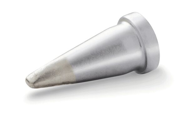 The image shows a conical, metallic object that is wider on one side and tapers to a point on the other. The surface is smooth and has a slightly shiny silver tone.