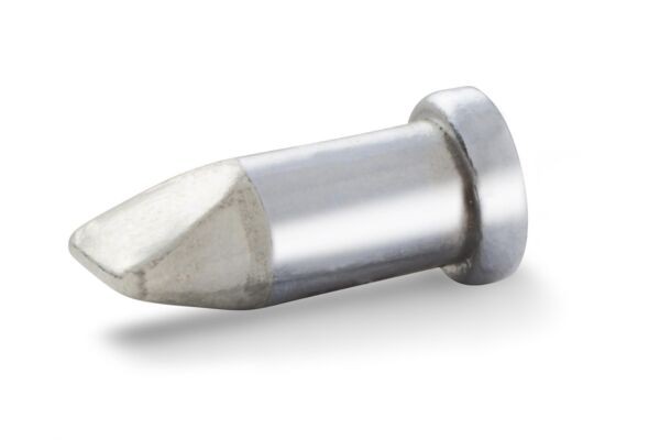 The image shows a metal pin with a pointed, angled front and a flat, round head. It is silver-colored and has a smooth surface that reflects light.