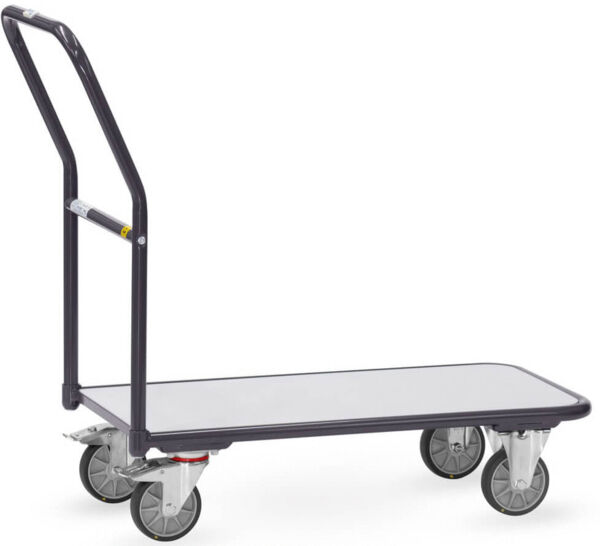 The image shows a sturdy transport cart with four wheels. It has a rectangular, flat loading area and a long handle for pushing. Ideal for moving heavy loads.