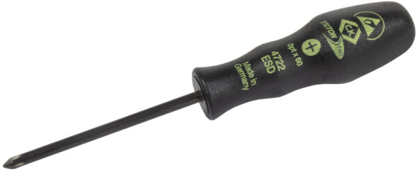 A black screwdriver with an ergonomic handle that has green prints. The tip is long and straight, suitable for Phillips screws. Ideal for precise work.