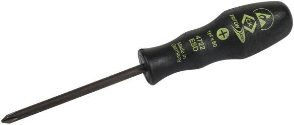 The image shows a screwdriver with a black, ergonomic handle. The handle has yellow lettering and a cross symbol. The blade is long and thin.