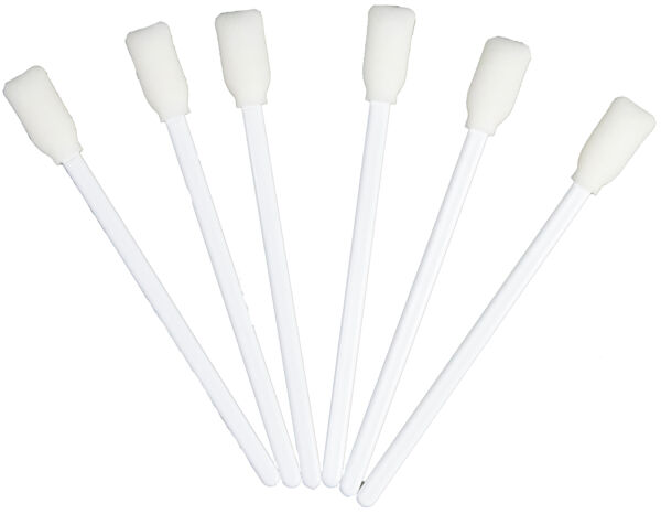 The image shows six white cotton swabs with a foamy head. The swabs are standing upright and are evenly arranged. The background is simple and bright.