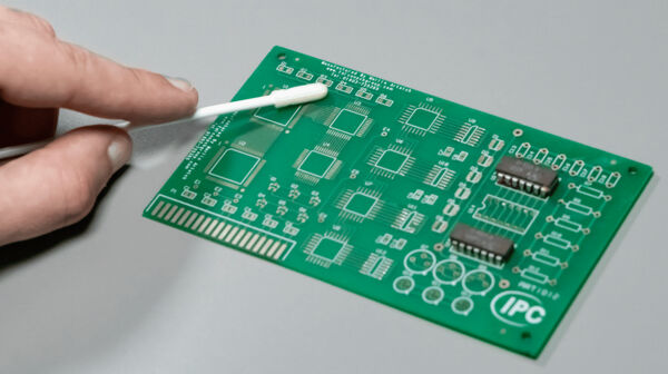 In the picture, you can see a green circuit board with various circuits and components. A hand is holding a cotton swab pointing at the surface.