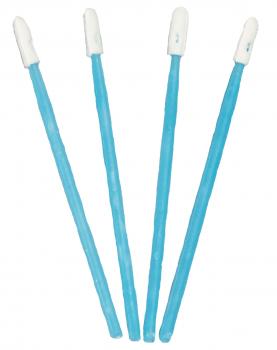 The image shows four cotton swabs. They have a long, blue shaft and two white, round heads at the ends. The swabs are evenly arranged.