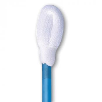 The image shows a cotton swab with an oval, white cotton head. The stick is made of blue plastic. The head is soft and is used for cleaning or applying substances.