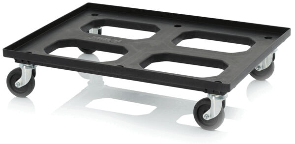 The image displays a flat, rectangular platform made of black plastic with four wheels. The platform features several cutouts on the surface and is designed for easy movement of items.