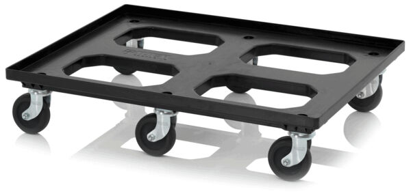 The image shows a black transport dolly with four wheels. The dolly has rectangular cutouts and is flat, lightweight, and mobile, suitable for moving heavy objects.