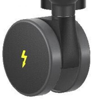 The image shows a black roller wheel with a yellow lightning bolt symbol on the front. The shape is round and the wheel is attached to a sturdy holder.