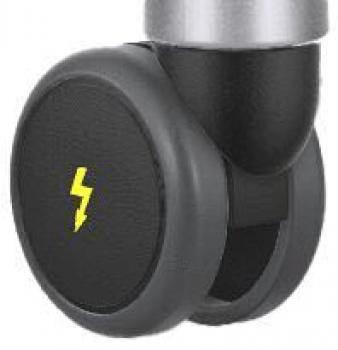 The image displays a black roller with a smooth, round wheel. In the center, there is a yellow lightning symbol. The upper part is made of gray-silver material. The design appears modern and functional.