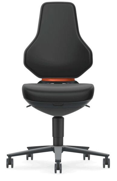 The office chair has a high, ergonomic backrest and a padded seat. It is in black and sits on a five-star base with casters, providing mobility.