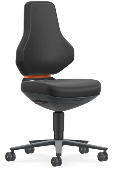 The image shows a modern office chair with a high, ergonomically shaped back and a wide seat. It has black upholstery and rolling feet for mobility.