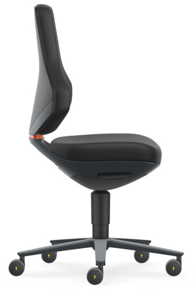 The image shows an office chair from the side. The chair has black upholstery, a high backrest, and a sturdy rolling base with five casters. The underside features a gray design.