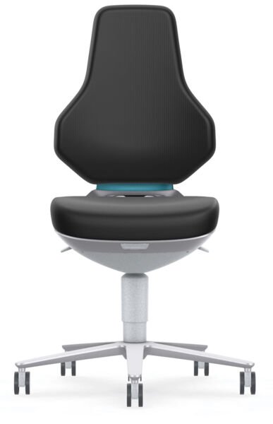 The chair has an ergonomic, black backrest that is slightly curved. The seat is oval and also black, with a blue control underneath. It stands on five casters.