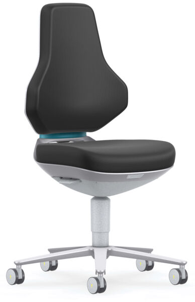 The office chair has a tall, black backrest with a gentle curve. The seat is padded and also black. It stands on a silver, rolling base with five wheels.