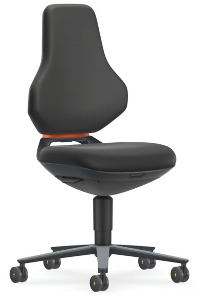 The office chair has a black, contoured backrest, a wide seat, and five casters. It features a central support bearing and appears modern and ergonomic.