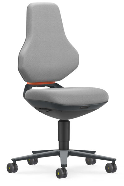 The chair has a gray, ergonomically shaped backrest and a padded seat. It stands on a swivel base with five casters and has an orange accent line.