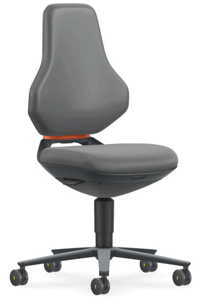 The chair has an ergonomic, gray seat and backrest. The backrest is slightly contoured, the seat is soft. It stands on a star base with five casters, which are marked yellow.