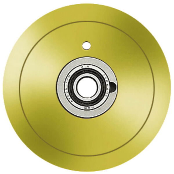 The image shows a round, golden disc with a central black circle that contains a movable part. In the center, there is a small hole.