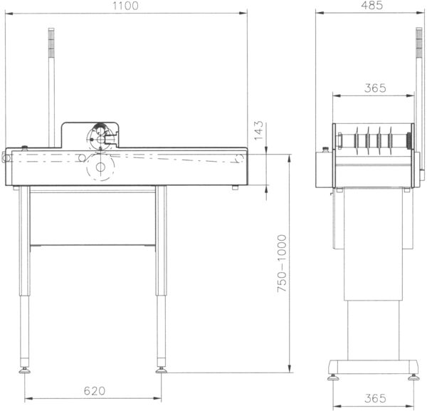 The image shows a technical blueprint of a device. It features a rectangular tabletop with rounded edges, four legs, and various height measurements. On one side, there is a control unit.