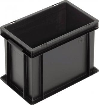 It is a rectangular, black plastic box with smooth walls. It has integrated handles on the short sides and is empty. The corners are slightly rounded.