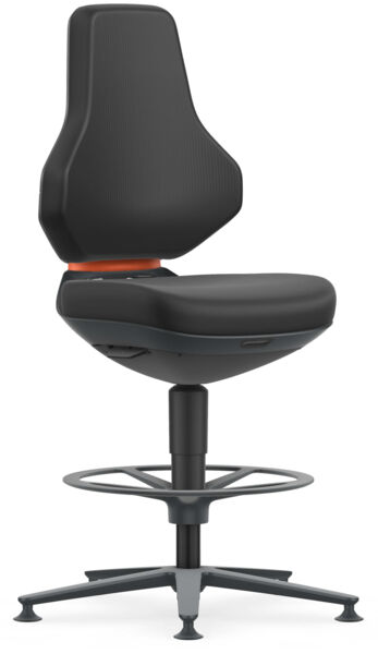 The chair has a high, ergonomic backrest and a wide seat. It stands on a stable, round base with five legs and a footrest. The surface is black with an orange accent.