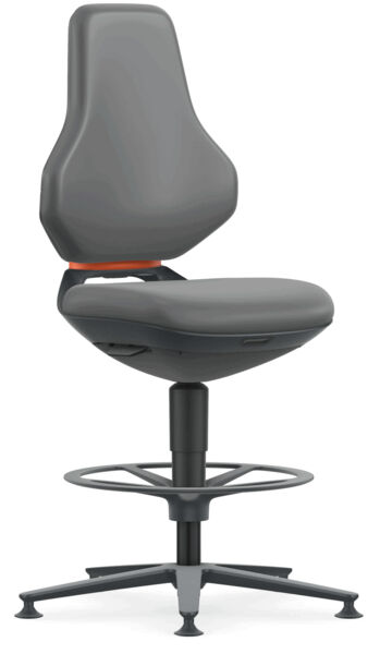 The chair has a high, curved backrest and a padded seat. It is mounted on a stable foot with a round base, ideal for working heights. The color is a uniform gray.