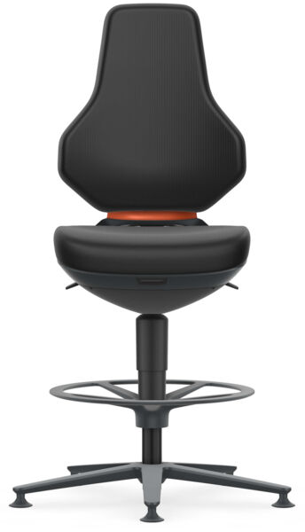 The chair has a tall, narrow backrest and a padded seat. It stands on a stable base with five casters and a round footrest. The color scheme is predominantly black.