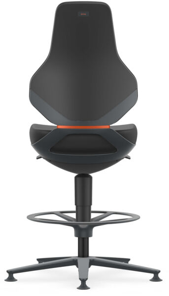 The image shows a modern, ergonomic office chair in black and gray. It has a high backrest, a round seat, and a sturdy base with a footrest.