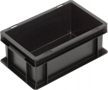 The image displays a rectangular, black plastic box without a lid. It has smooth interior walls and sturdy sides, perfect for storing or transporting items.