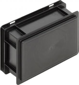 The image shows a black, rectangular plastic box with a flat lid. It has straight edges, a smooth surface, and appears sturdy. The box is open and has no visible markings or text.