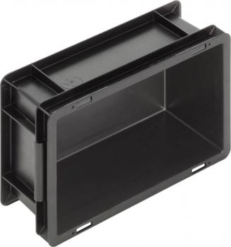 The image shows a rectangular, black plastic box. It has two openings on the sides and a smooth interior. The corners are rounded, and the surface is slightly glossy.