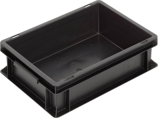 The image shows a rectangular, flat plastic box in black. It has rounded edges and is sturdy. The walls are smooth, with a clear interior for storing items.