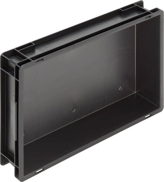 The image displays a rectangular, black plastic box. It has open sides and a smooth surface, suitable for storing items. The corners are slightly rounded.