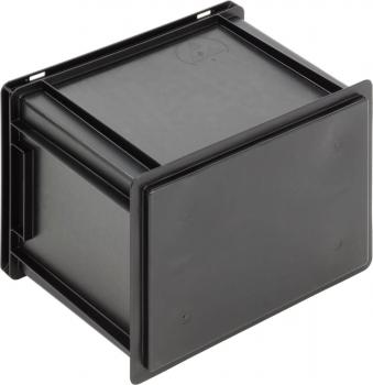 The image shows a black, square plastic box with a flat lid. It has no visible handles and appears sturdy and functional, ideal for storing items.