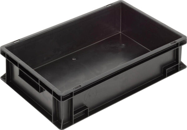 The image shows a rectangular, flat box made of black plastic. It has high walls and open sides, with smooth interior surfaces. The top edge is straight and sturdy.