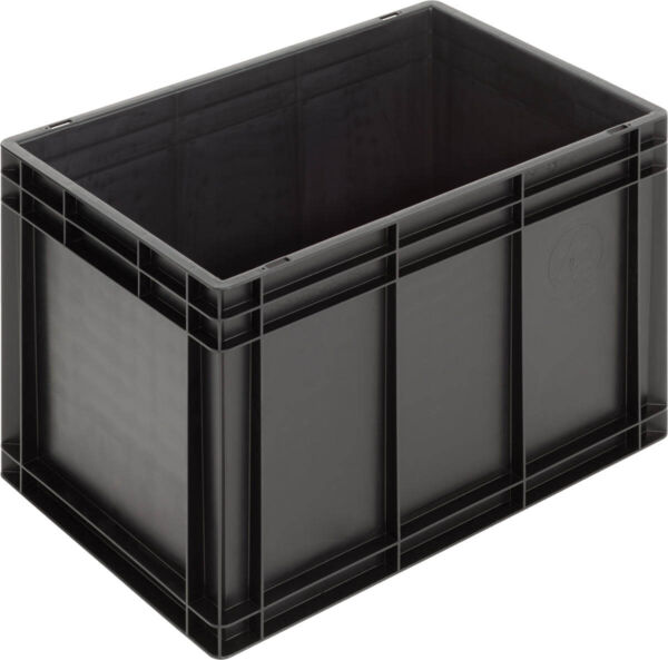 The image shows a black, rectangular plastic box without a lid. It has a smooth interior and vertical edges with slightly raised areas that support stability.