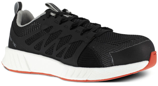 The shoe is sporty and lightweight, with a black mesh upper and gray accents. The sole is white and has a reddish underside, which provides good cushioning.